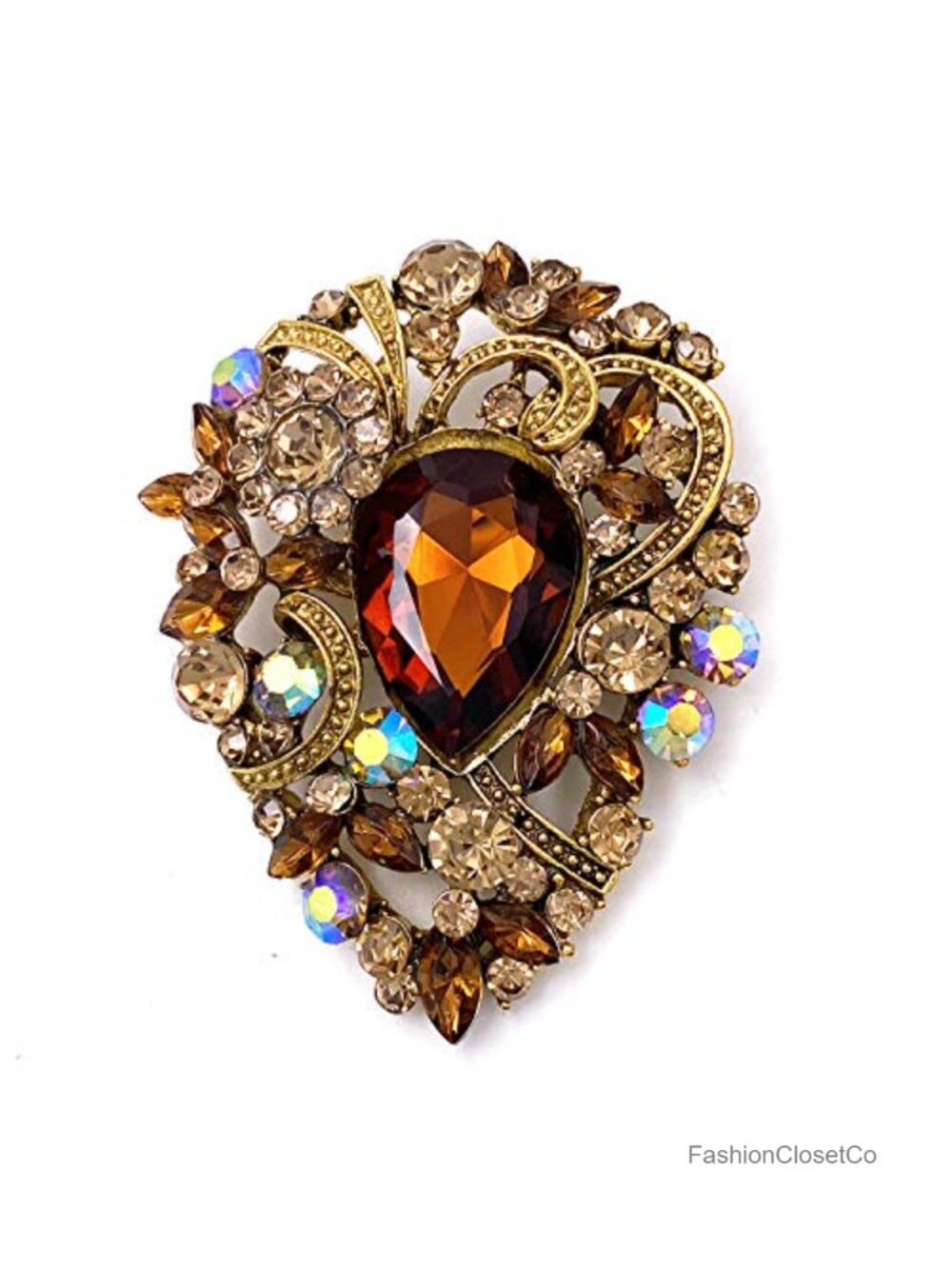Vintage Austrian Crystal Flower Teardrop Pin Brooch Gold Tone